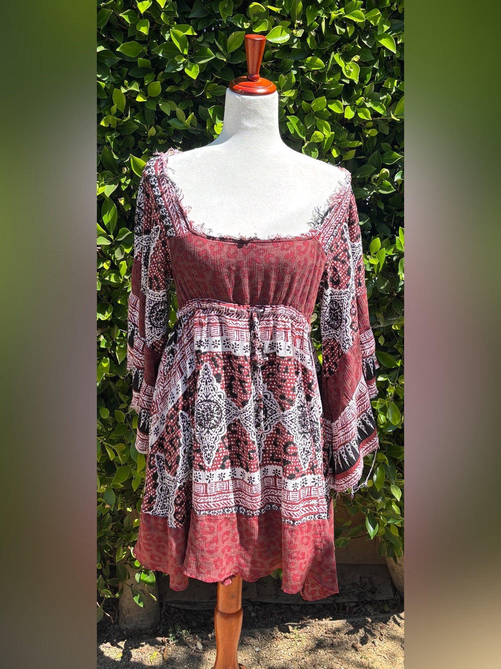 Free People Heart of Gold mini dress,scarlet and black geometric, wide sleeves